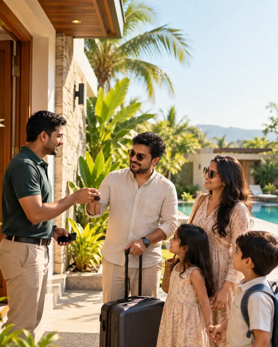 A property manager handing keys to a family arriving at a villa (representative image)