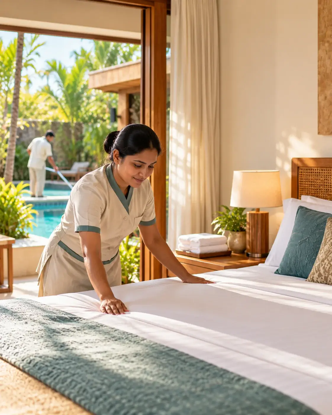 A housekeeper making a bed in a resort room while a colleague cleans the pool outside (representative image)