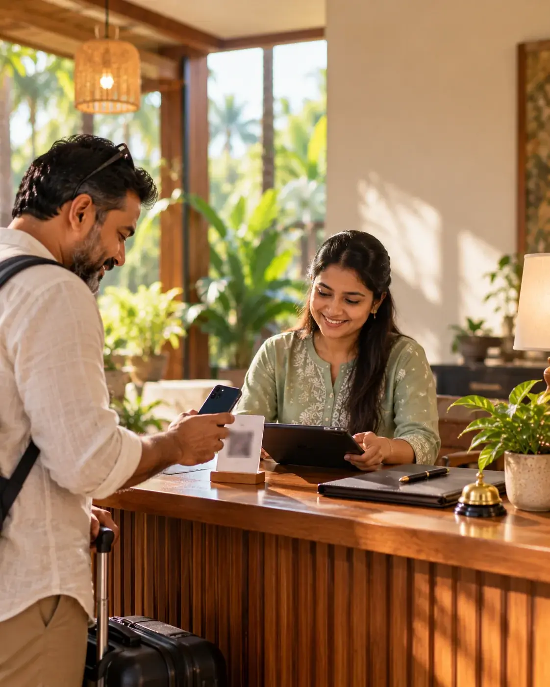 A guest paying by UPI at a resort reception desk while the manager checks a tablet (representative image)