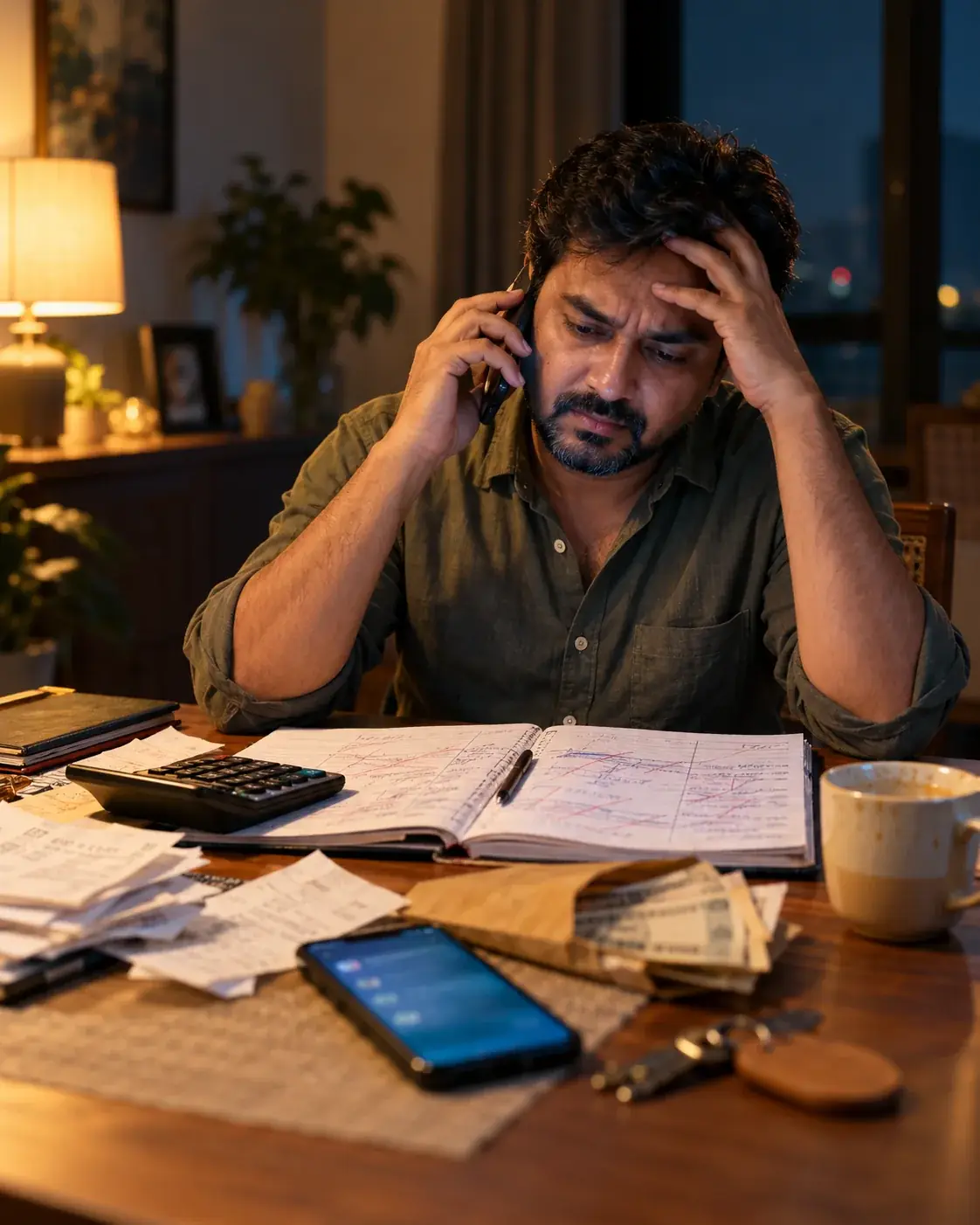 A property owner at night, stressed, surrounded by a register, cash, receipts and an unanswered phone call (representative image)