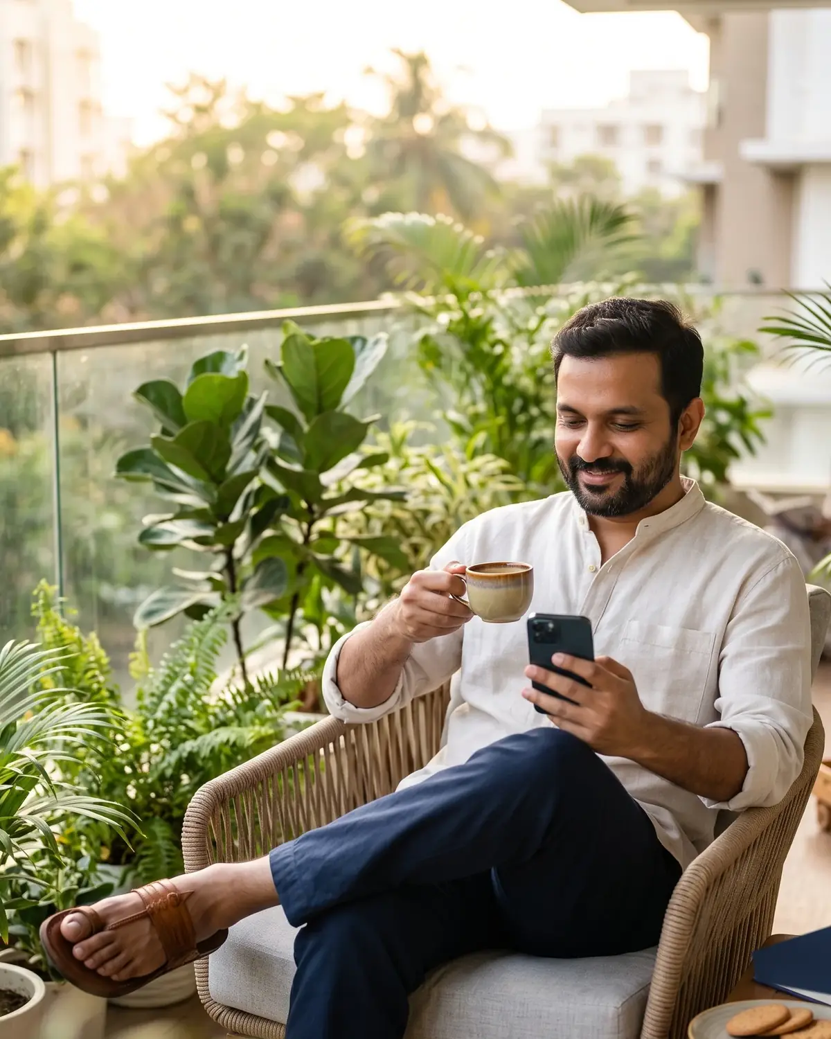 A property owner relaxing on his balcony on a Sunday, glancing at his phone (representative image)