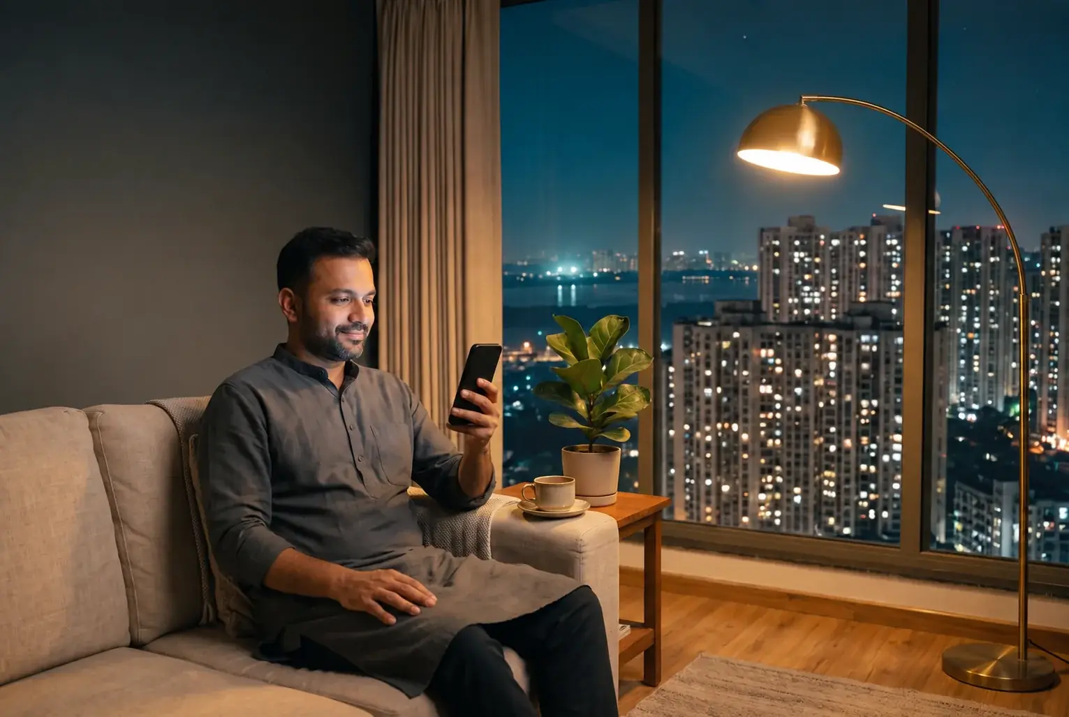 An owner at home in the city at night, checking his property on his phone (representative image)