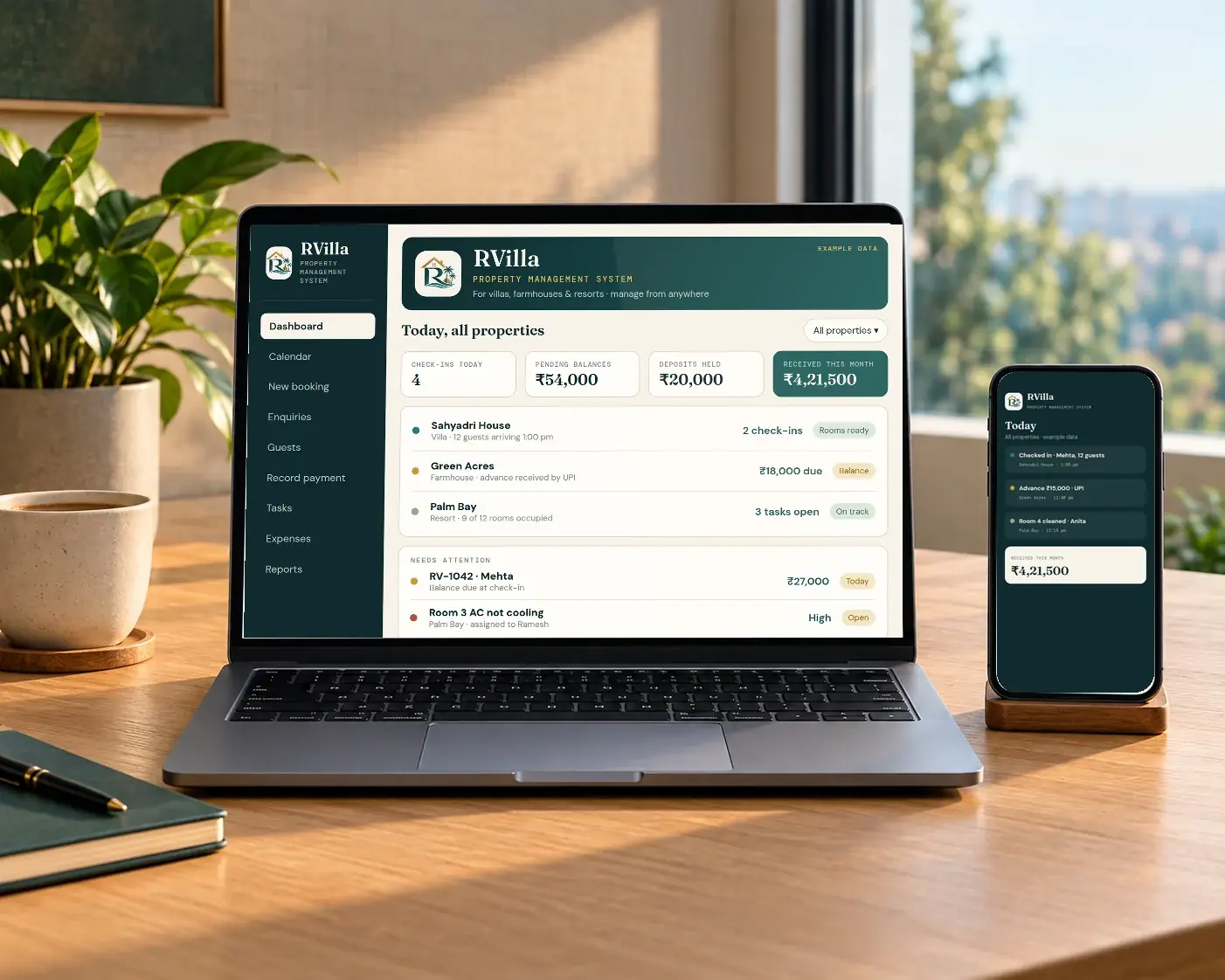 RVilla dashboard on a laptop and today's updates on a phone (example data)
