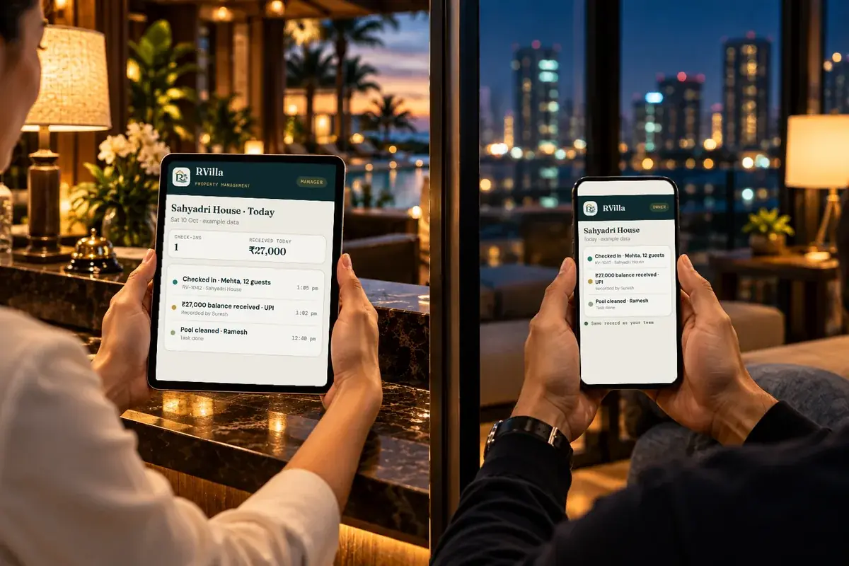 A manager with a tablet at reception and the owner with a phone at home, both showing the same RVilla record (representative image, example data)