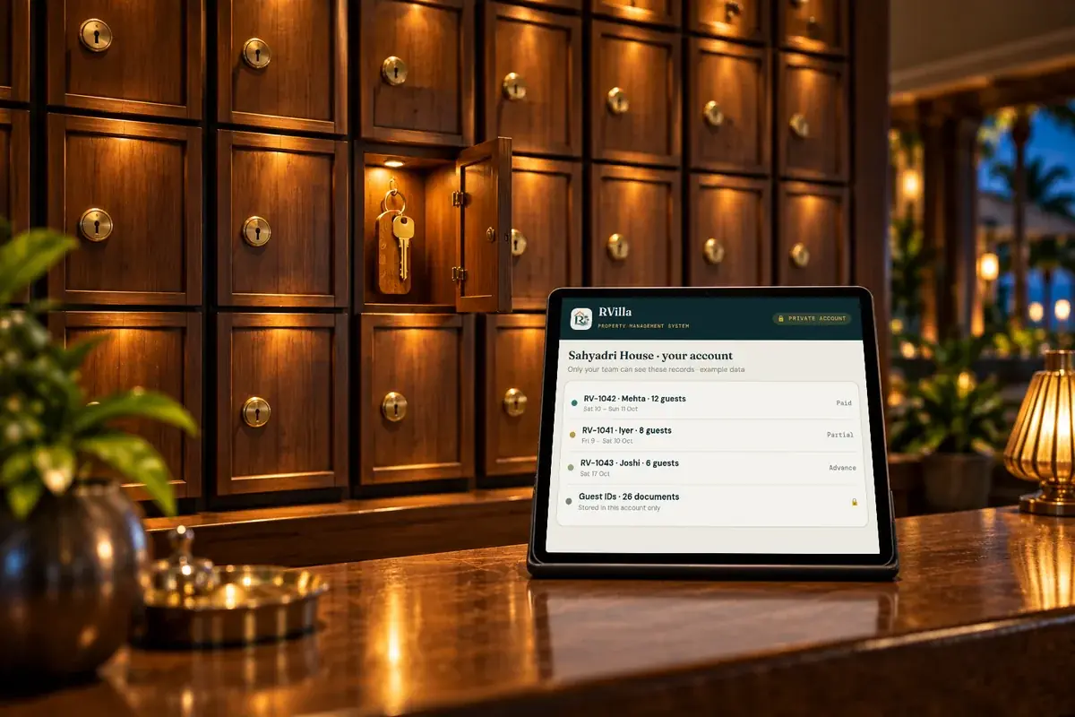 Resort key lockers with one open, beside a tablet showing a private RVilla account (representative image, example data)