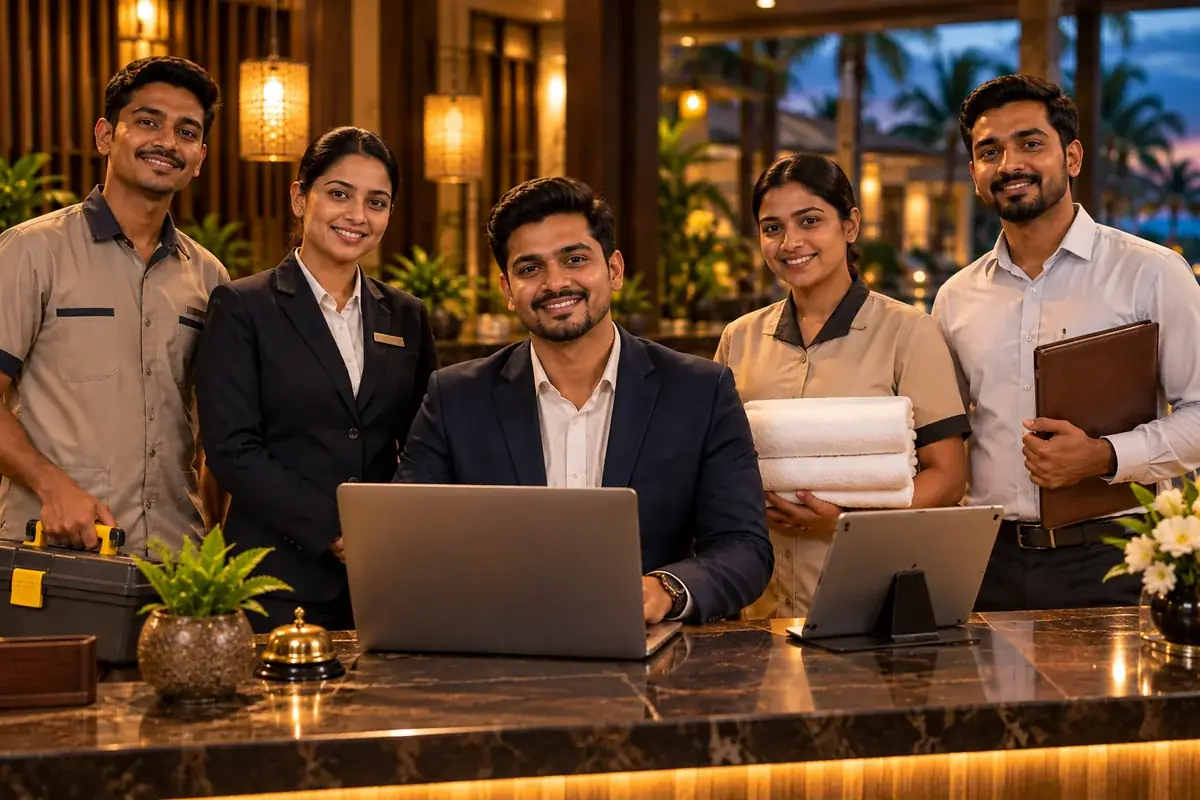 A resort team: manager, receptionist, housekeeper, maintenance and accountant (representative image)