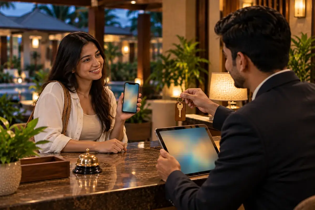 A guest with a booking confirmation receiving a room key at reception (representative image)