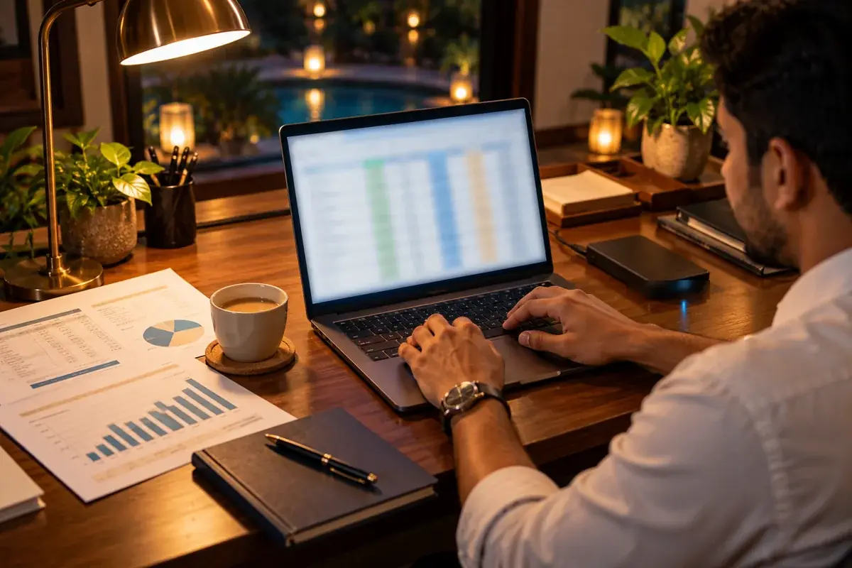 An accountant reviewing an exported spreadsheet and printed reports (representative image)